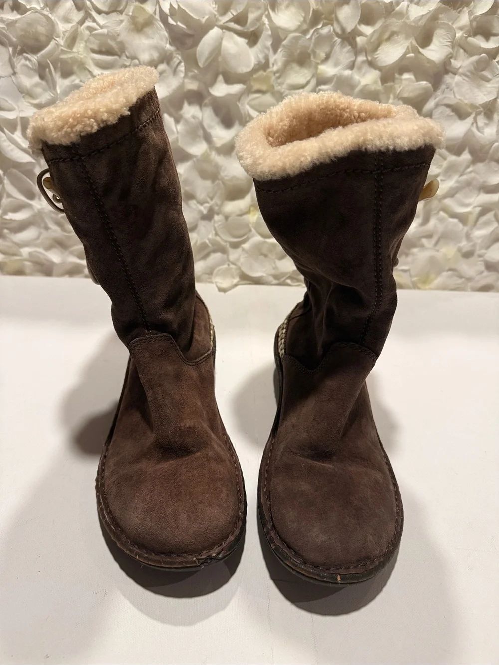 UGG Brown Suede Shearling-Trim Mid-Calf Boots